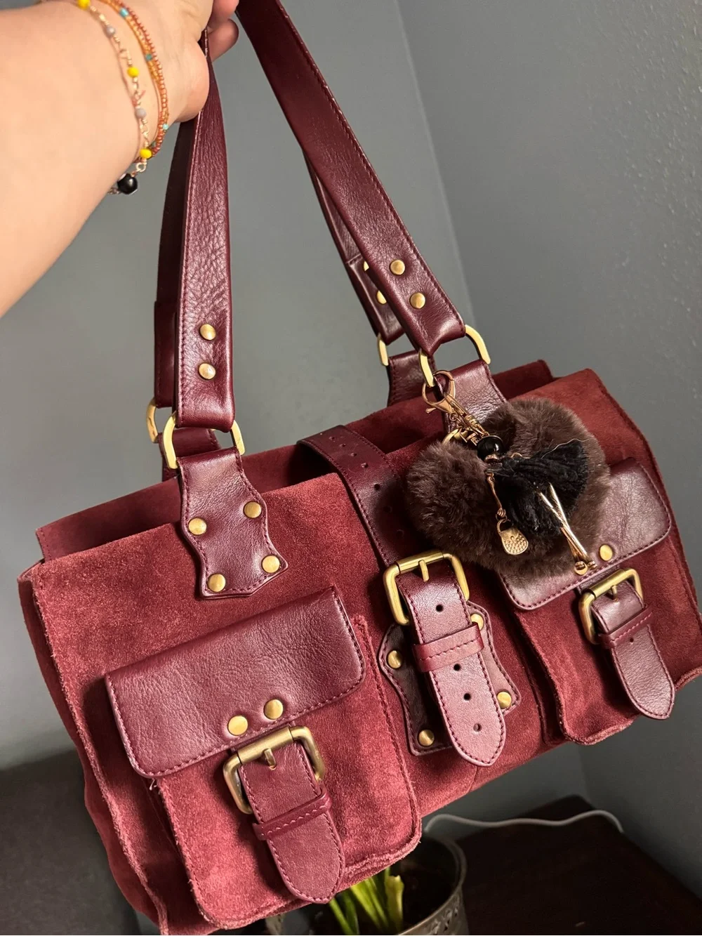 Burgundy Suede & Leather Satchel Tote with Gold Hardware
